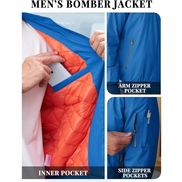 Tacvasen Mens Blue Bomber Winter Warm Padded Work Coat Casual Windproof Jackets - Picture 4 of 6